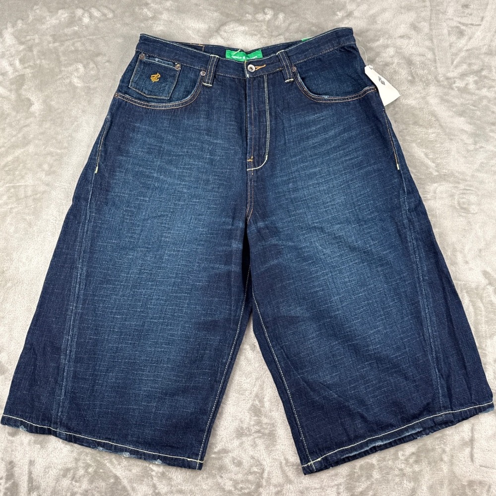 Rocawear Hidden Track Denim Shorts Mens 34 Dark Indigo Baggy Y2K Streetwear NEW